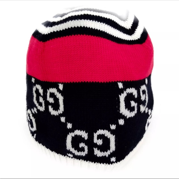NWOT Auth Gucci Red Navy Black White Cable Knit GG Monogram Beanie Hat Cap M - Picture 1 of 8